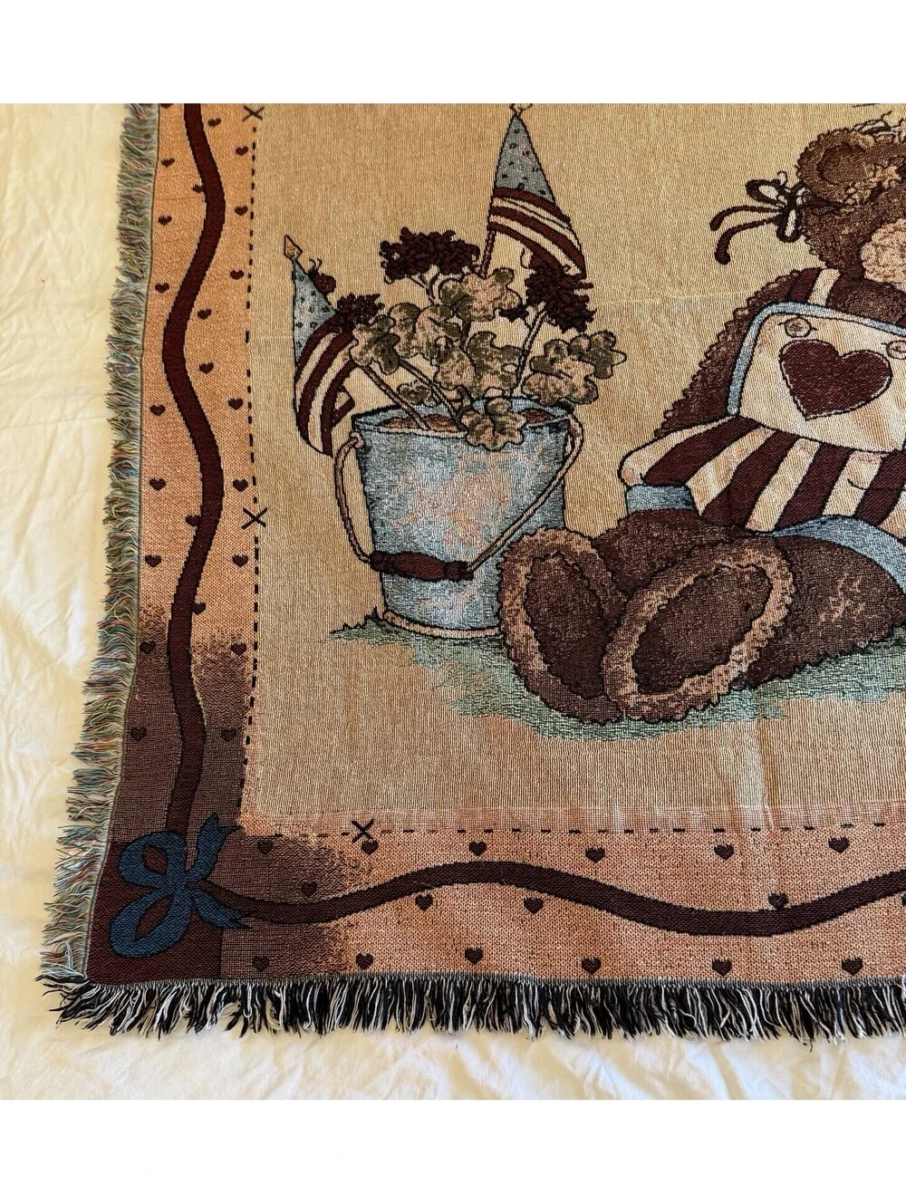 VTG America The Beautiful Tapestry Throw Blanket Patriotic Teddy Bear Heart EUC